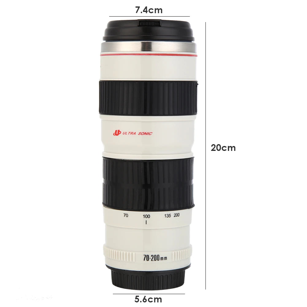 Stylish Stainless Steel Camera Lens Mug - Creative 400mL Coffee Cup in Black and White