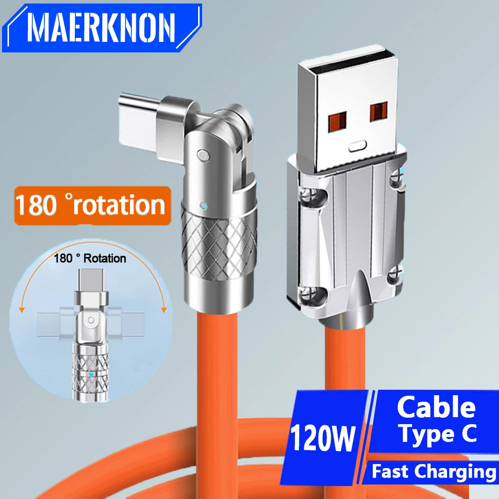 Revolutionary 120W USB Type C Cable with 180° Rotating Design for Fast Charging and Data Transfer - Compatible with Huawei, Samsung, Xiaomi & More!