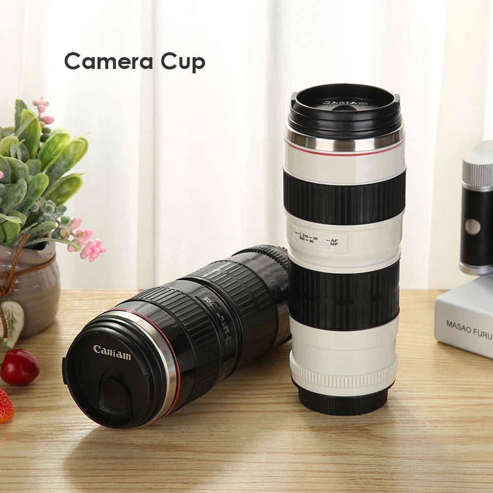 Stylish Stainless Steel Camera Lens Mug - Creative 400mL Coffee Cup in Black and White