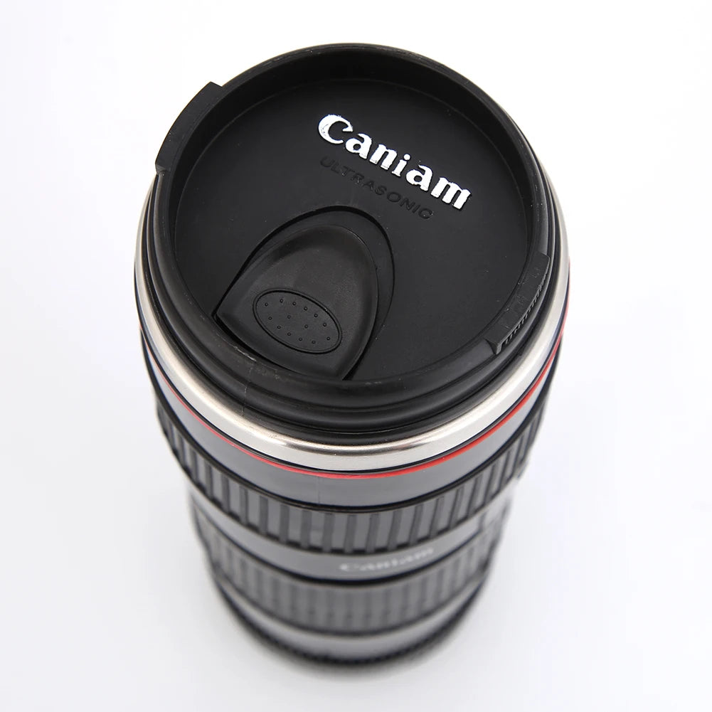 Stylish Stainless Steel Camera Lens Mug - Creative 400mL Coffee Cup in Black and White