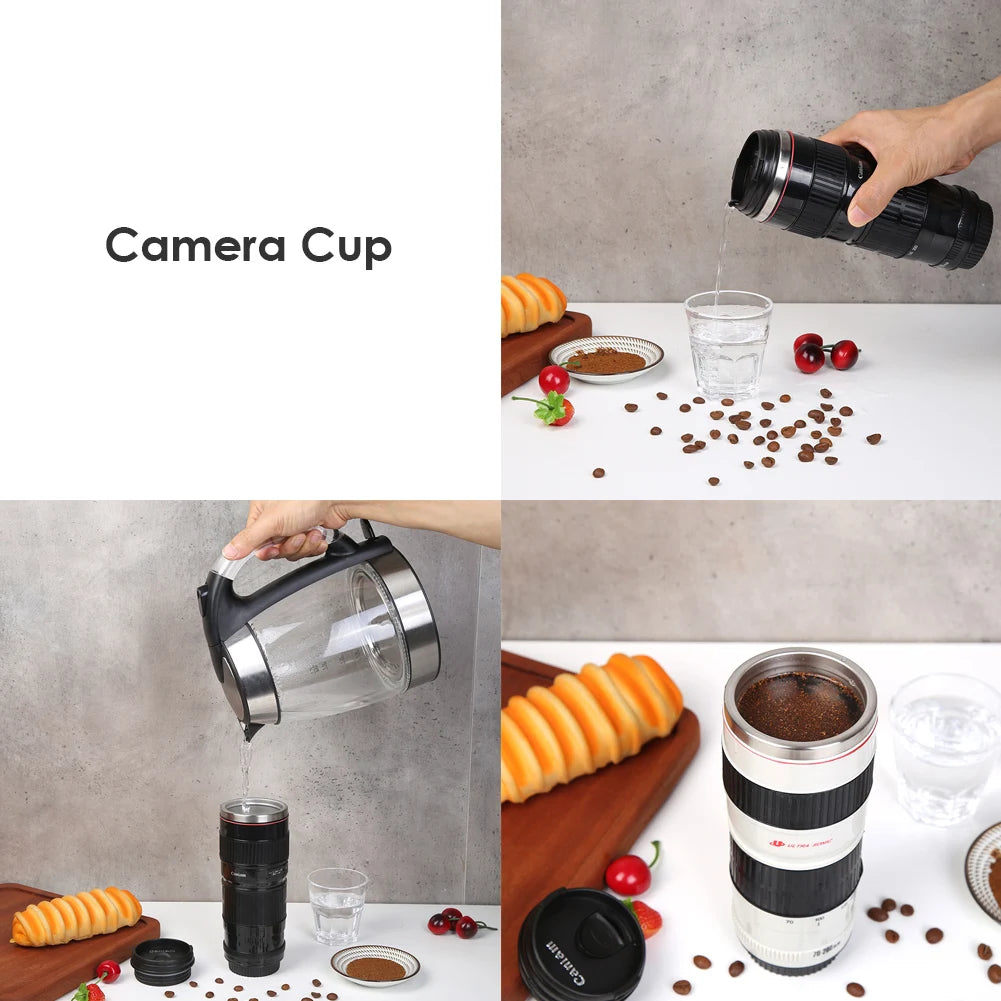 Stylish Stainless Steel Camera Lens Mug - Creative 400mL Coffee Cup in Black and White