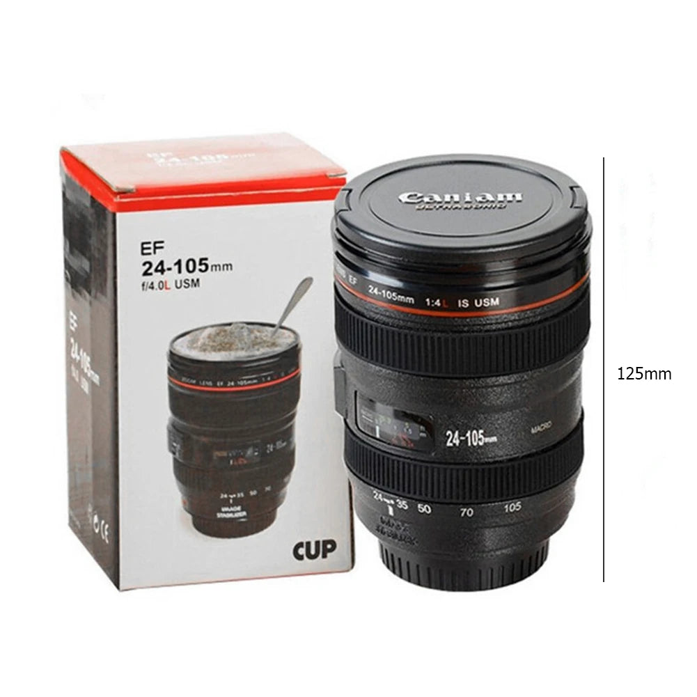 Stylish Stainless Steel Camera Lens Mug - Creative 400mL Coffee Cup in Black and White