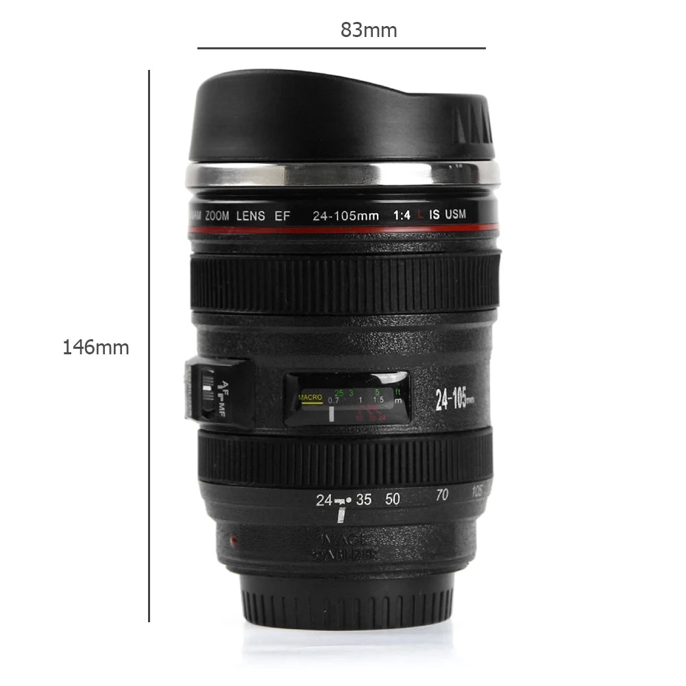 Stylish Stainless Steel Camera Lens Mug - Creative 400mL Coffee Cup in Black and White