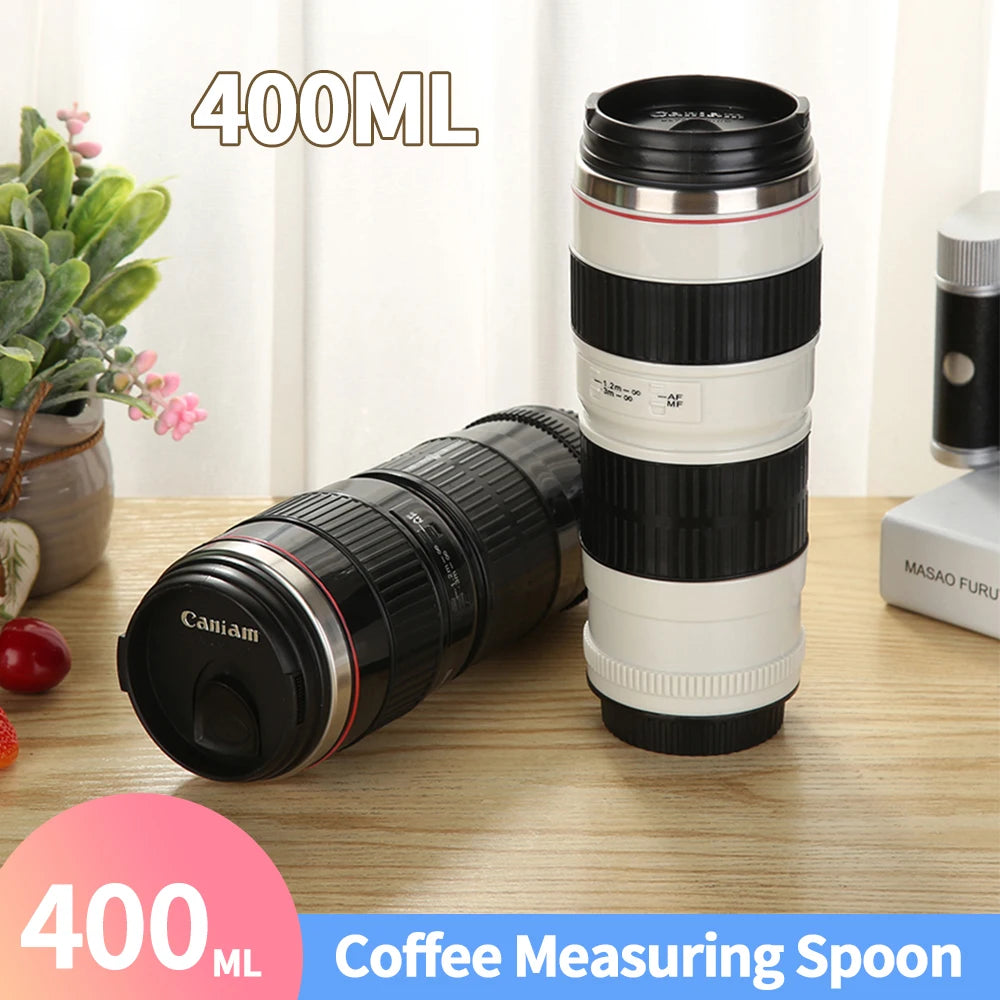 Stylish Stainless Steel Camera Lens Mug - Creative 400mL Coffee Cup in Black and White
