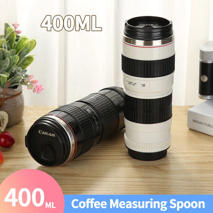 Stylish Stainless Steel Camera Lens Mug - Creative 400mL Coffee Cup in Black and White