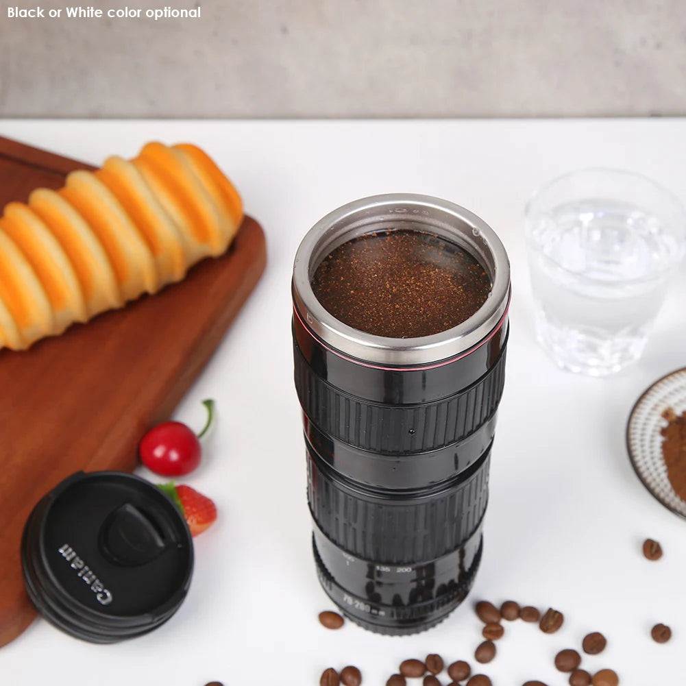 Stylish Stainless Steel Camera Lens Mug - Creative 400mL Coffee Cup in Black and White