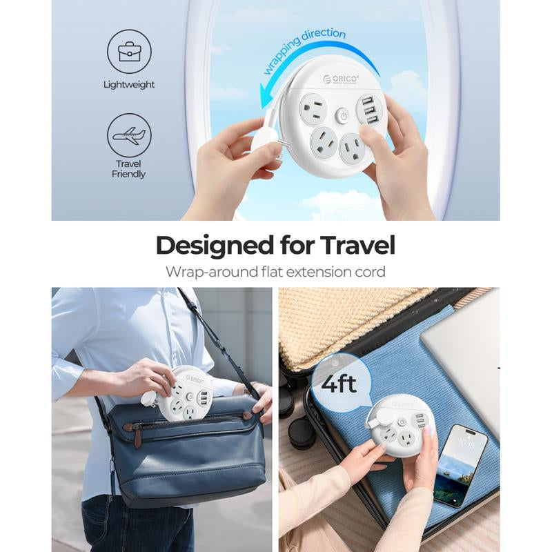 Ultimate ORICO Travel Power Strip: Your Go-To Travel Companion with 3 Outlets and 3 USB Ports, 4FT Cord for Seamless Charging on Vacations and Cruises