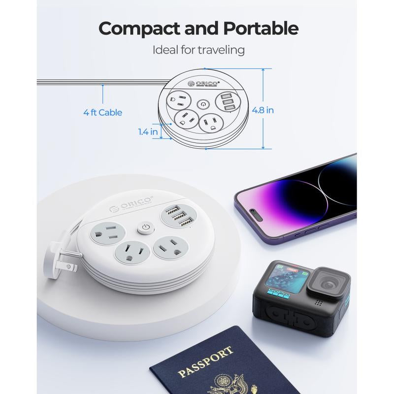 Ultimate ORICO Travel Power Strip: Your Go-To Travel Companion with 3 Outlets and 3 USB Ports, 4FT Cord for Seamless Charging on Vacations and Cruises